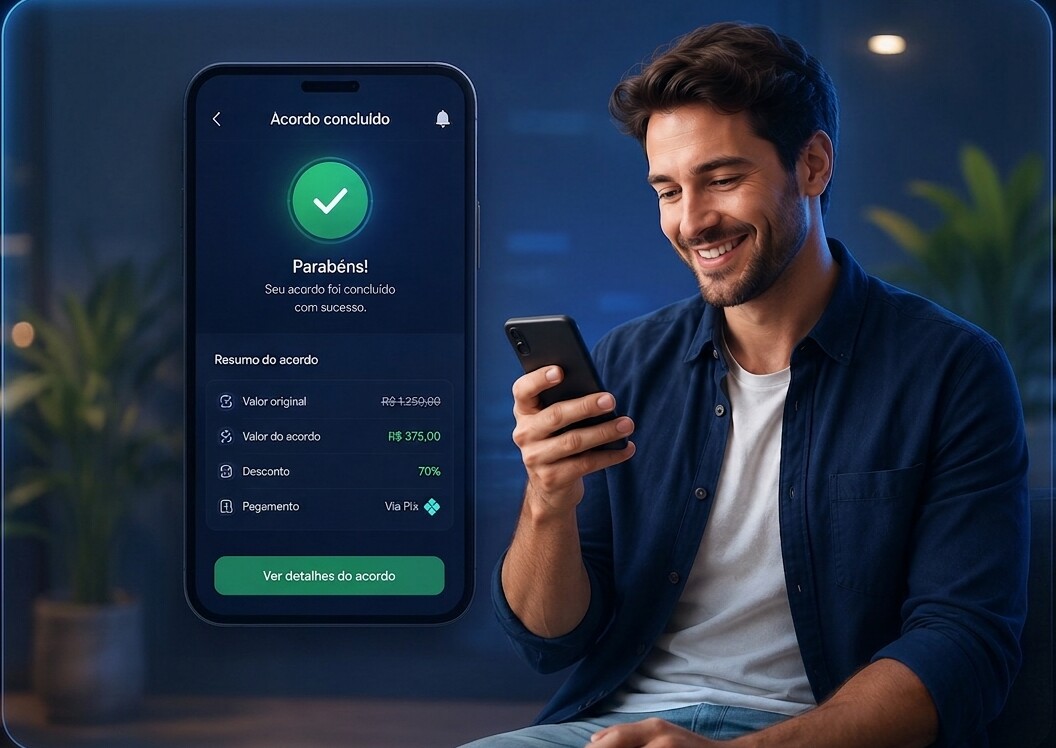 Homem sorrindo ao concluir um acordo pelo celular
